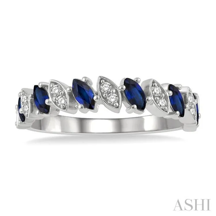 1/10 ctw Marquise Shape 4x2MM Sapphire and Round Cut Diamond Precious Band in 14K White Gold