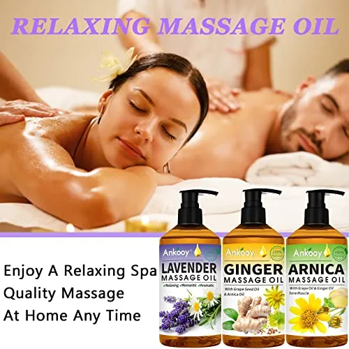 3 Pack Massage Oil for Massage Therapy with Massage Roller Ball,Ginger Oil Lymphatic Drainage & Arnica Sore Muscle & Lavender Relaxing Massage Oils-Spa Gift Mothers Day Fathers Day Gift for Men Women