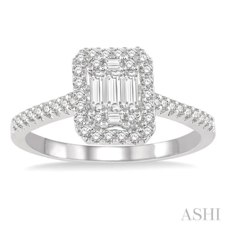 5/8 Ctw Emerald Shape Round Cut and Baguette Diamond Ring in 14K White Gold