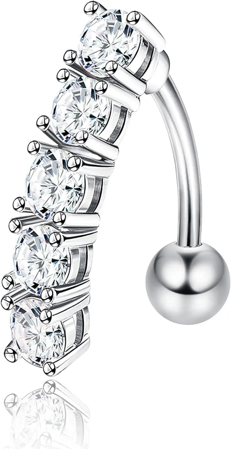 Belly Rings MUSECLOUD 925 Sterling Silver Body Jewelry Reverse Curved Barbells Piercing 3/8" Navel Rings CZ Heart Cross Belly Button Rings for Women