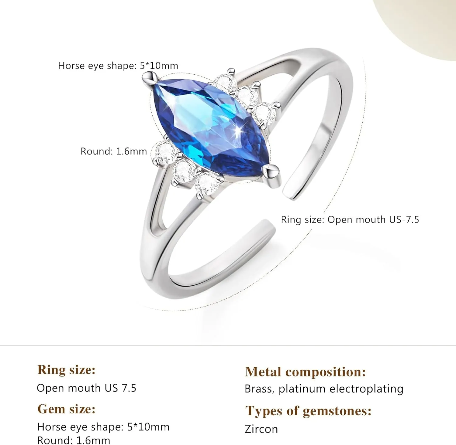 Cicy Bell Womens Statement Rings Platinum Plated Oval Cubic Zirconia Delicate Royal Blue Cut Engagement Open Rings for Gifts