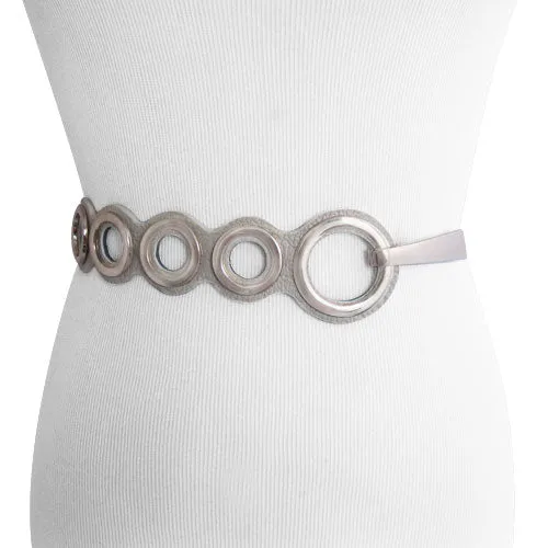 Cream Textured Ecru Faux Leather Belt With Polished Bronze Circle