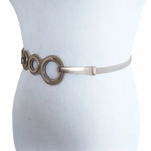 Cream Textured Ecru Faux Leather Belt With Polished Bronze Circle