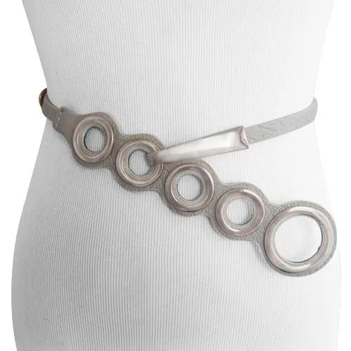 Cream Textured Ecru Faux Leather Belt With Polished Bronze Circle