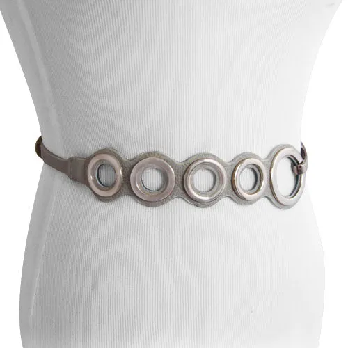 Cream Textured Ecru Faux Leather Belt With Polished Bronze Circle