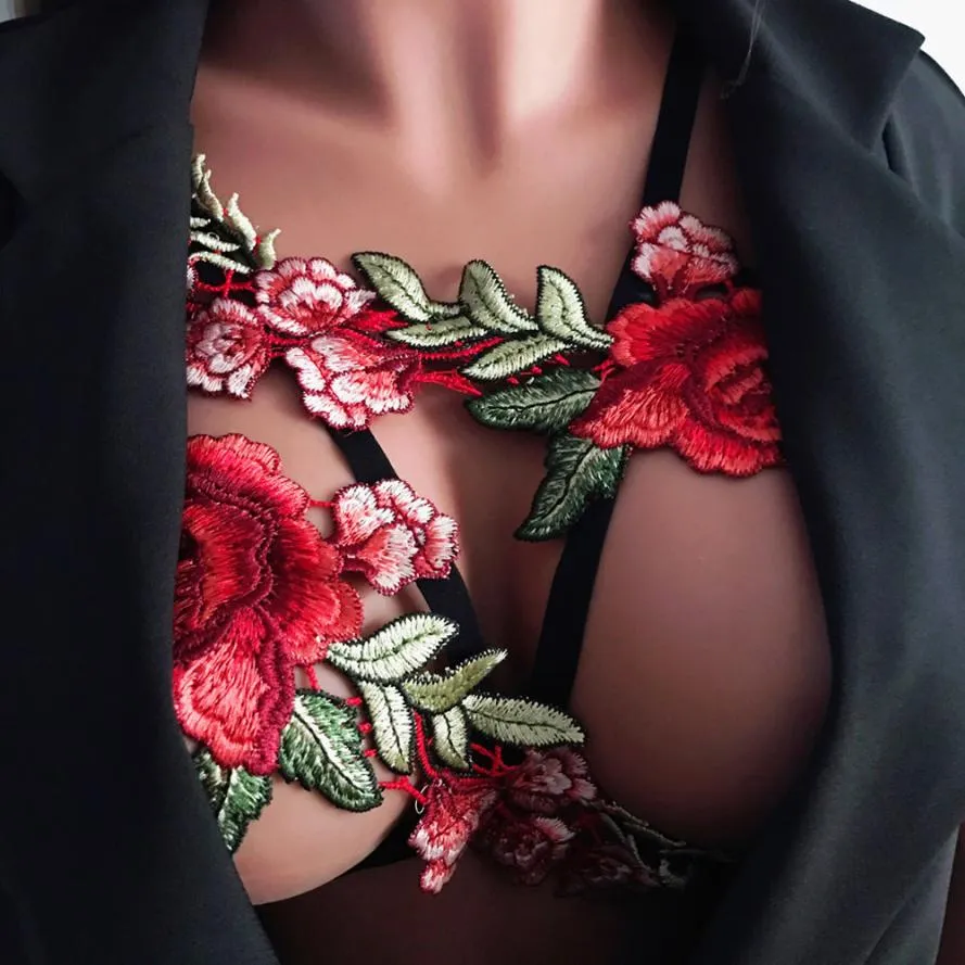 Elegant Floral Lace Harness Cage Bra Lingerie