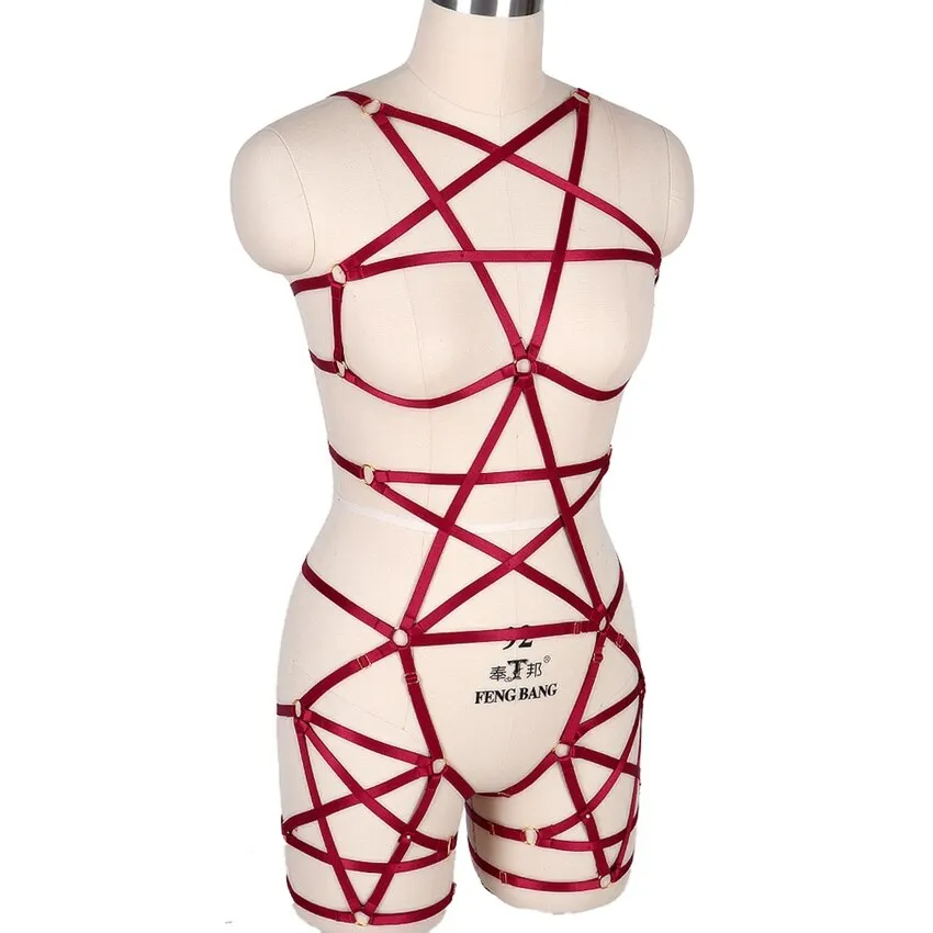Full Body Pentagram Bondage Harness Bra Goth Fetish Lingerie
