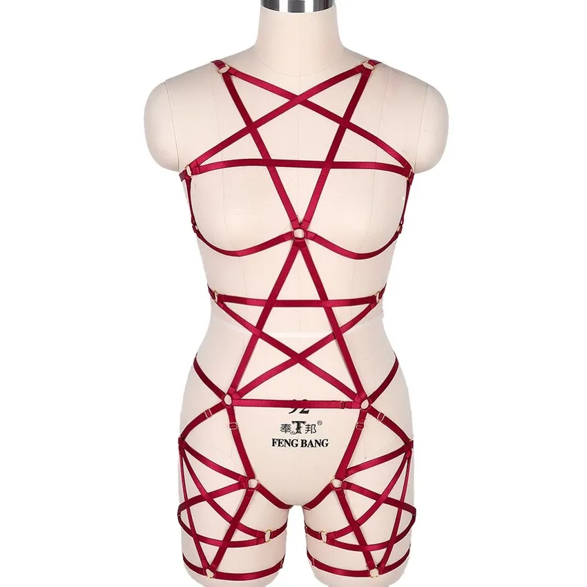 Full Body Pentagram Bondage Harness Bra Goth Fetish Lingerie