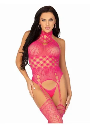 Leg Avenue High Neck Halter Hardcore Net and Lace Suspender Bodystocking