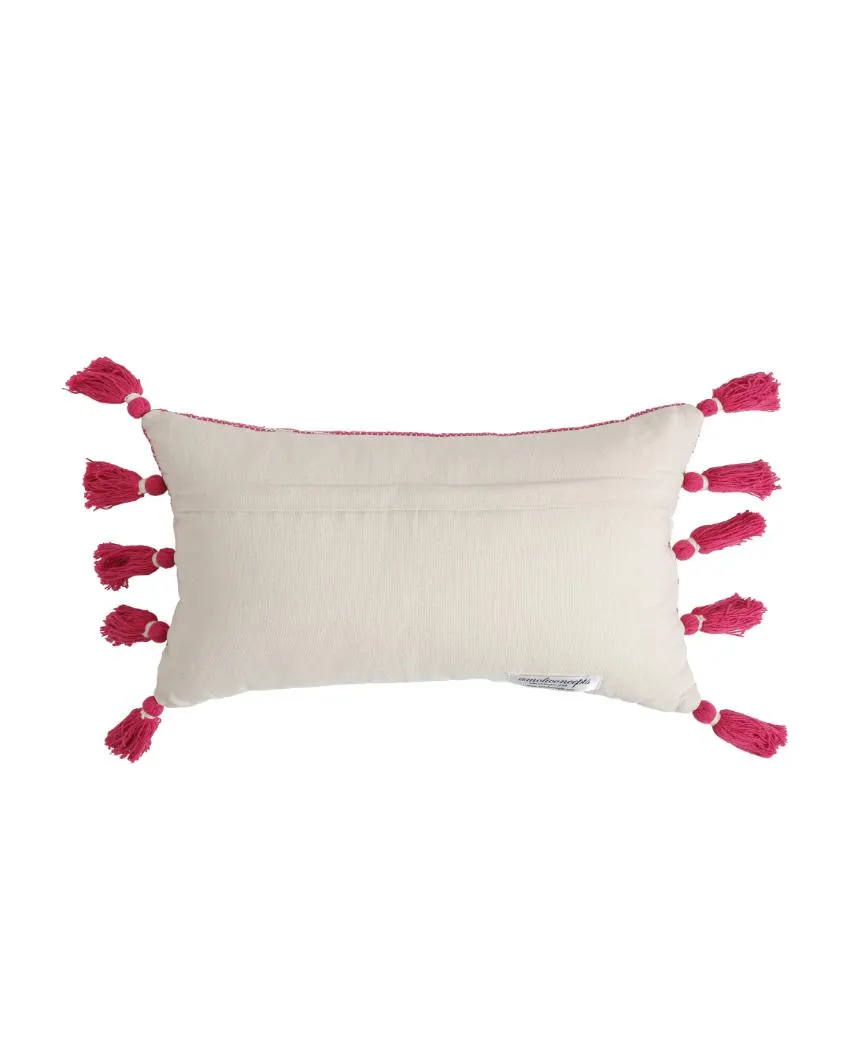 Pink White Hand Woven Cotton Cushion Covers With Tassel | Set Of 2 | 12x20 inches