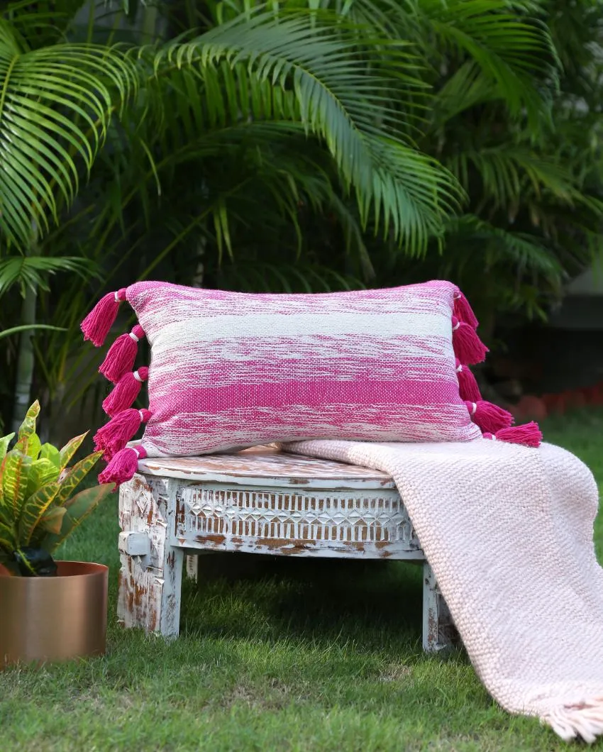 Pink White Hand Woven Cotton Cushion Covers With Tassel | Set Of 2 | 12x20 inches