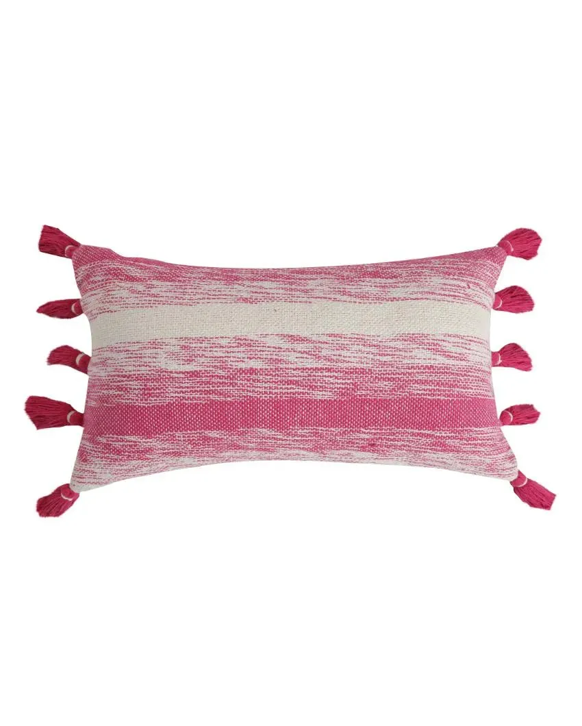Pink White Hand Woven Cotton Cushion Covers With Tassel | Set Of 2 | 12x20 inches