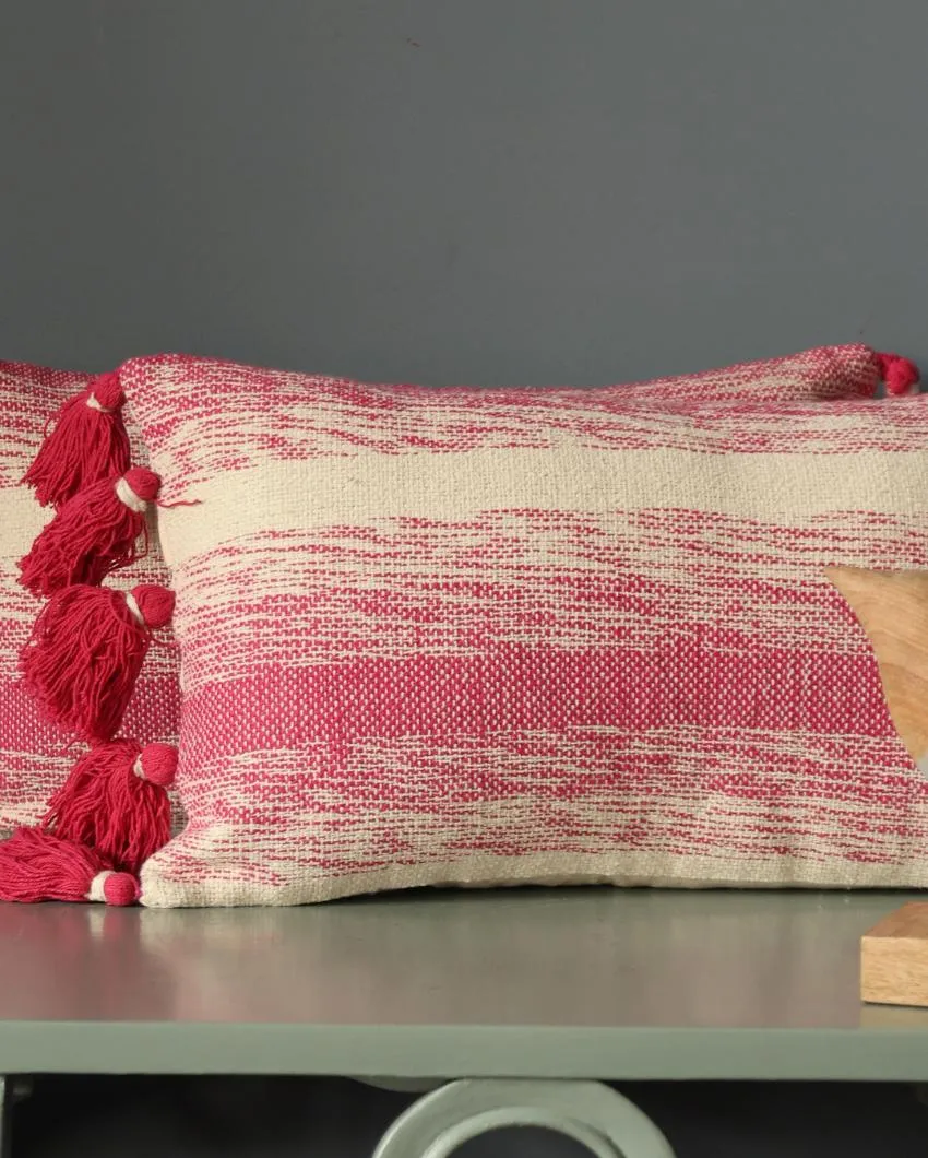 Pink White Hand Woven Cotton Cushion Covers With Tassel | Set Of 2 | 12x20 inches