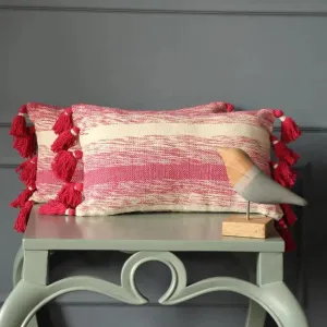 Pink White Hand Woven Cotton Cushion Covers With Tassel | Set Of 2 | 12x20 inches