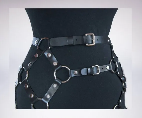Punk Leather Body Harness Garter Skirt