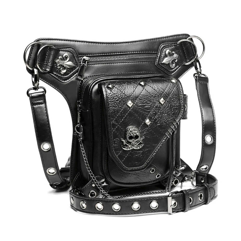 Unisex Skull Studded Chain Waist Bag / Steampunk Faux Leather Bag