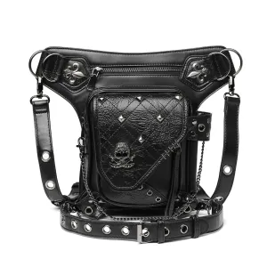 Unisex Skull Studded Chain Waist Bag / Steampunk Faux Leather Bag
